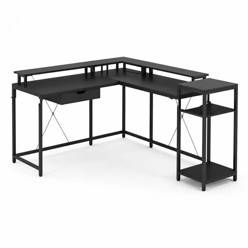 Eckschreibtisch mit Regal aus Metall Schwarz