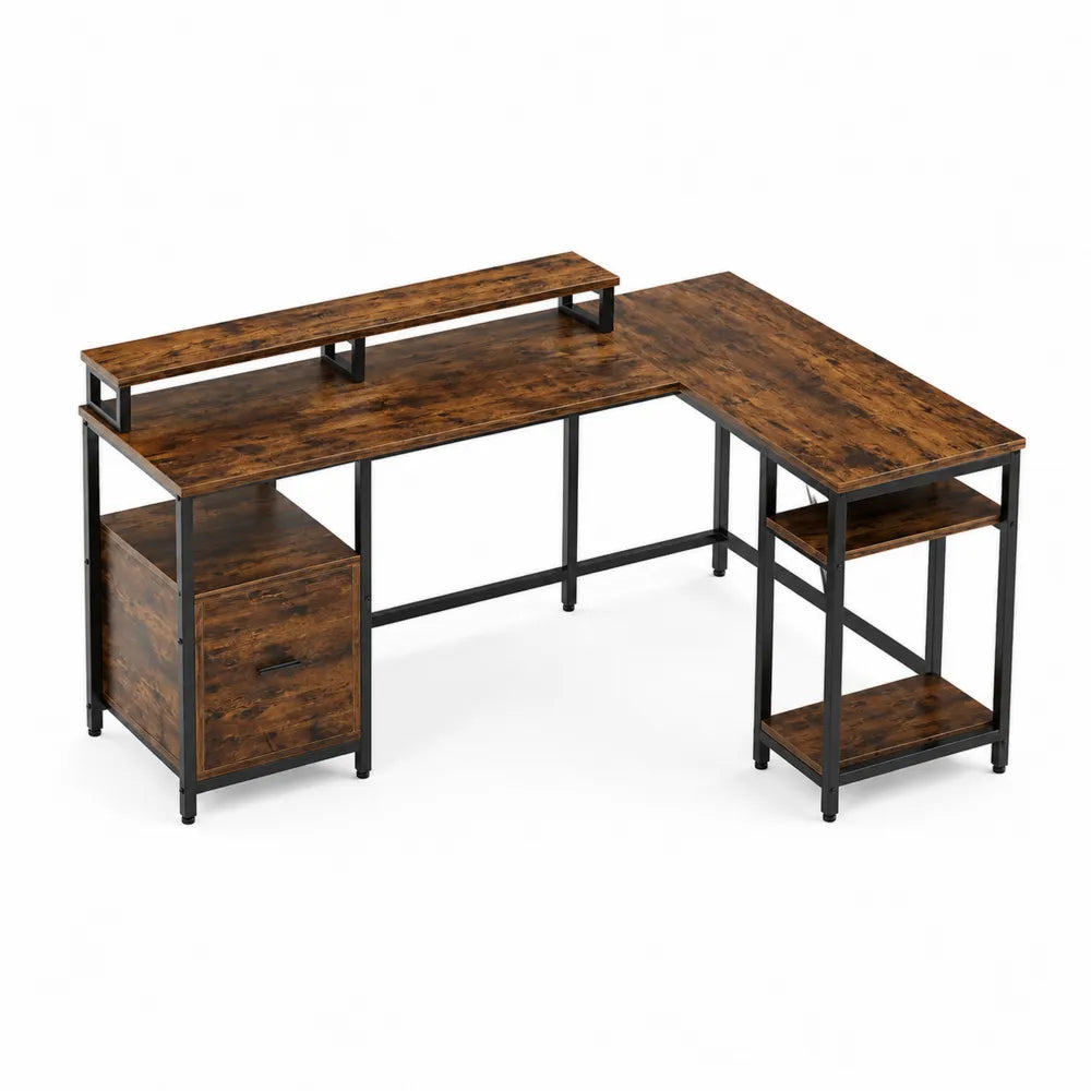 Eckschreibtisch L-Form Spanplatte Stahl Braun/Schwarz