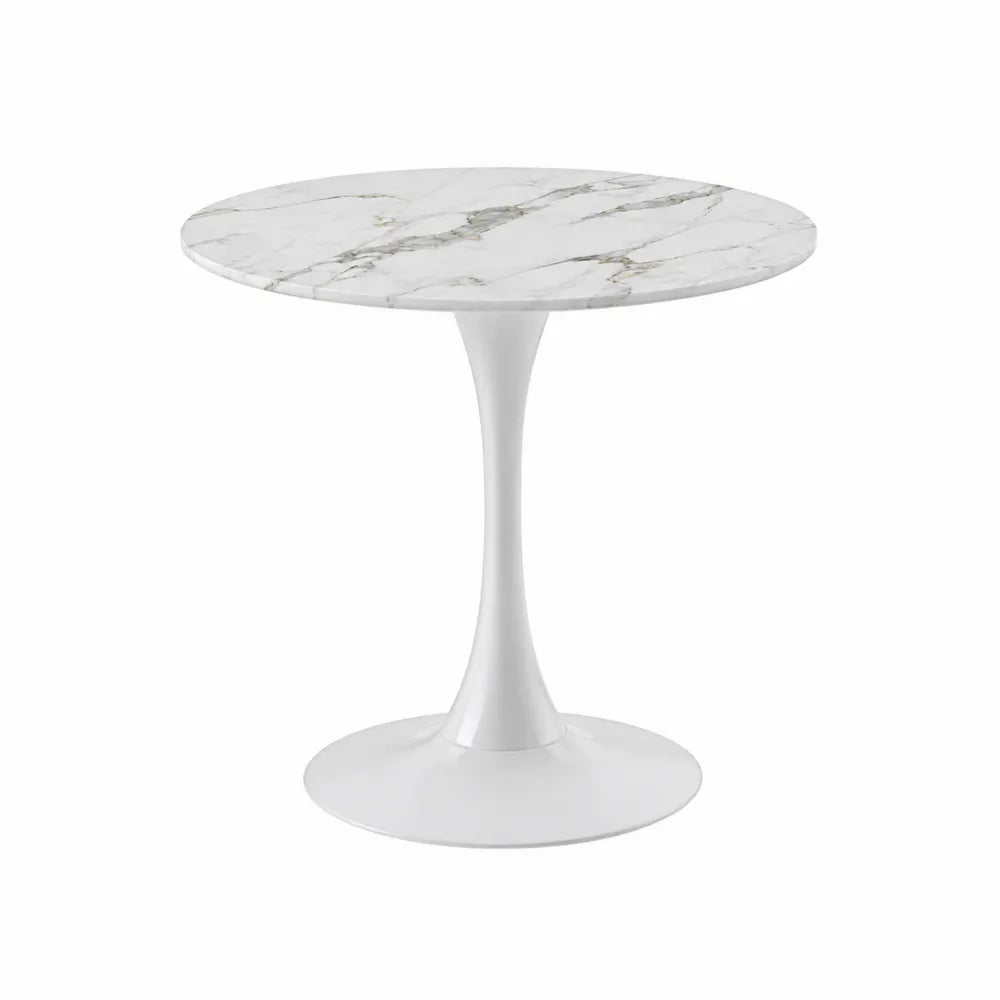 Runder Esstisch aus Marmorglas mit Metallfuß, Weiß, Ø 90 cm