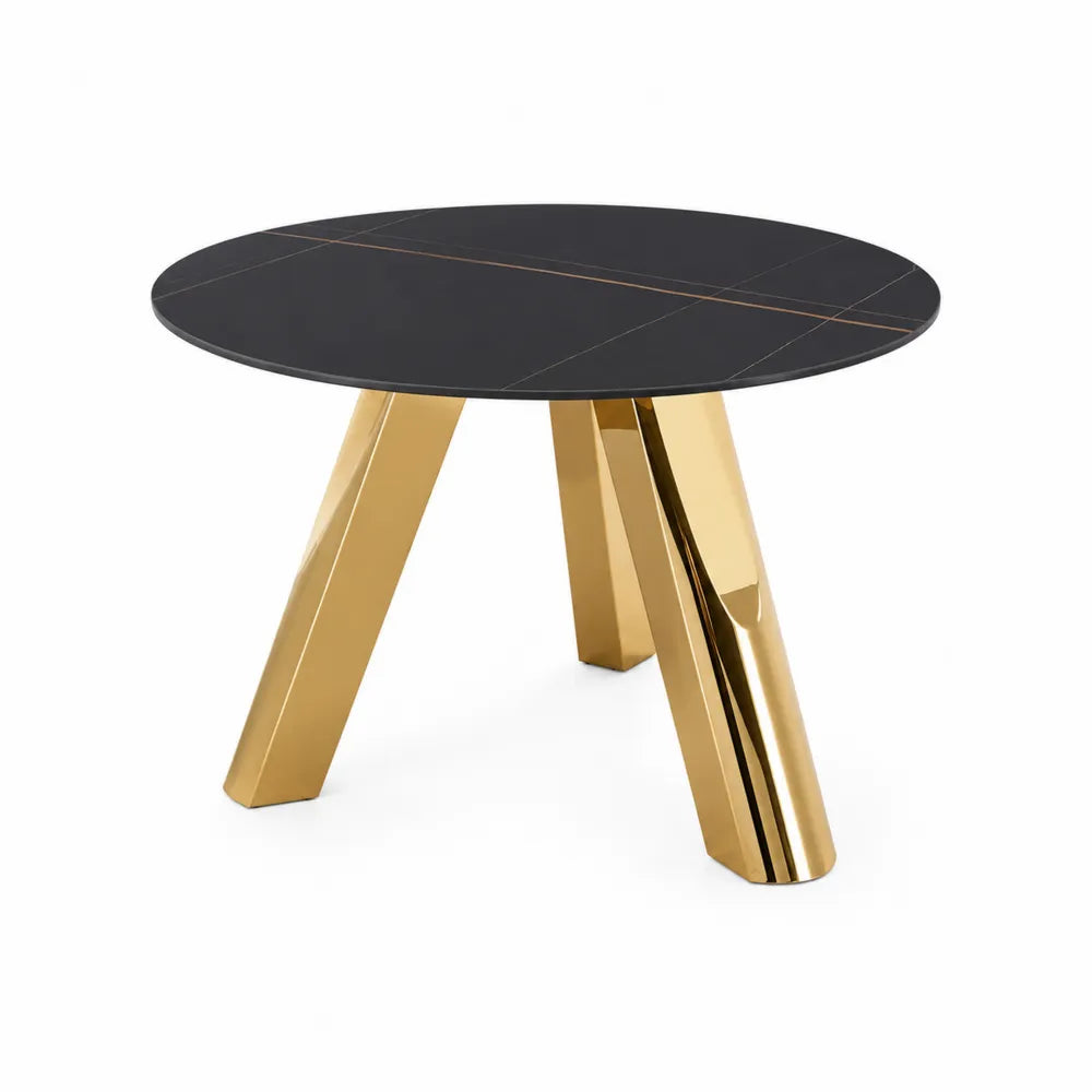 Runder Esstisch mit Keramikplatte 100cm und goldenen Metallbeinen