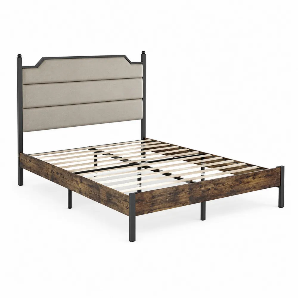 Doppelbett Metall Holz mit Polsterkopfteil Beige 200x140 cm