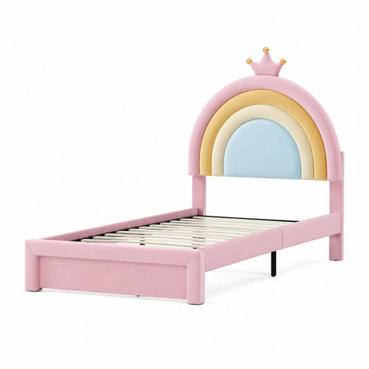 Kinderbett aus Holz mit Regenbogenkopfteil, Rosa/Blau/Gelb