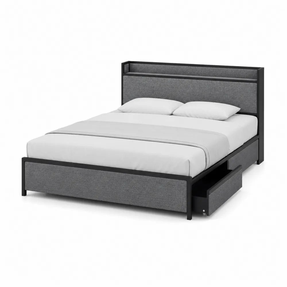 Bett aus Holz und Polyester mit Stauraum, Grau, 200x140 cm