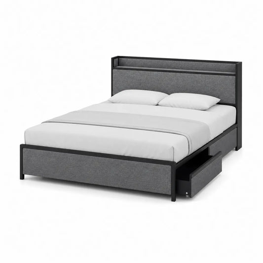 Bett aus Holz und Polyester mit Stauraum, Grau, 200x140 cm